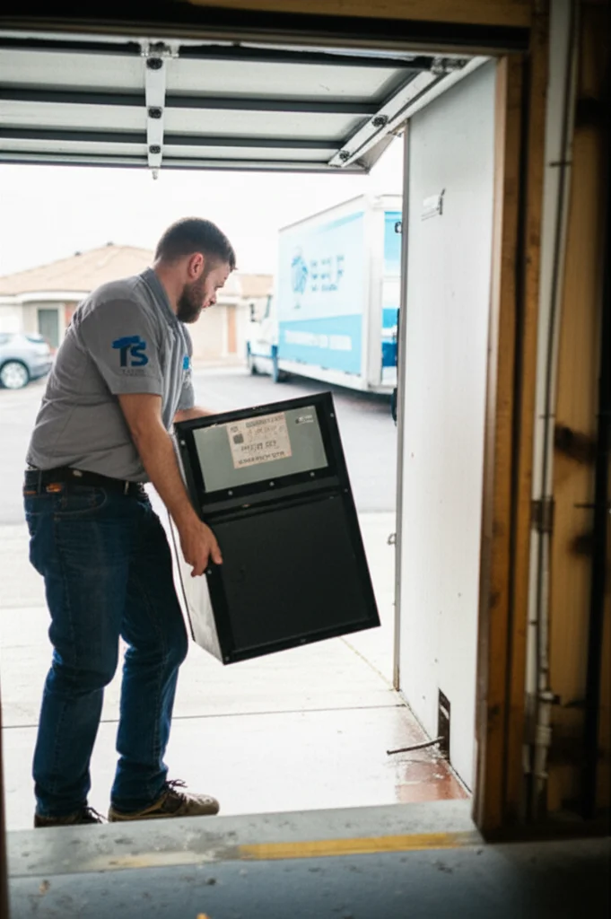 Professional worker removing an old furnace from a Boise Idaho home basement