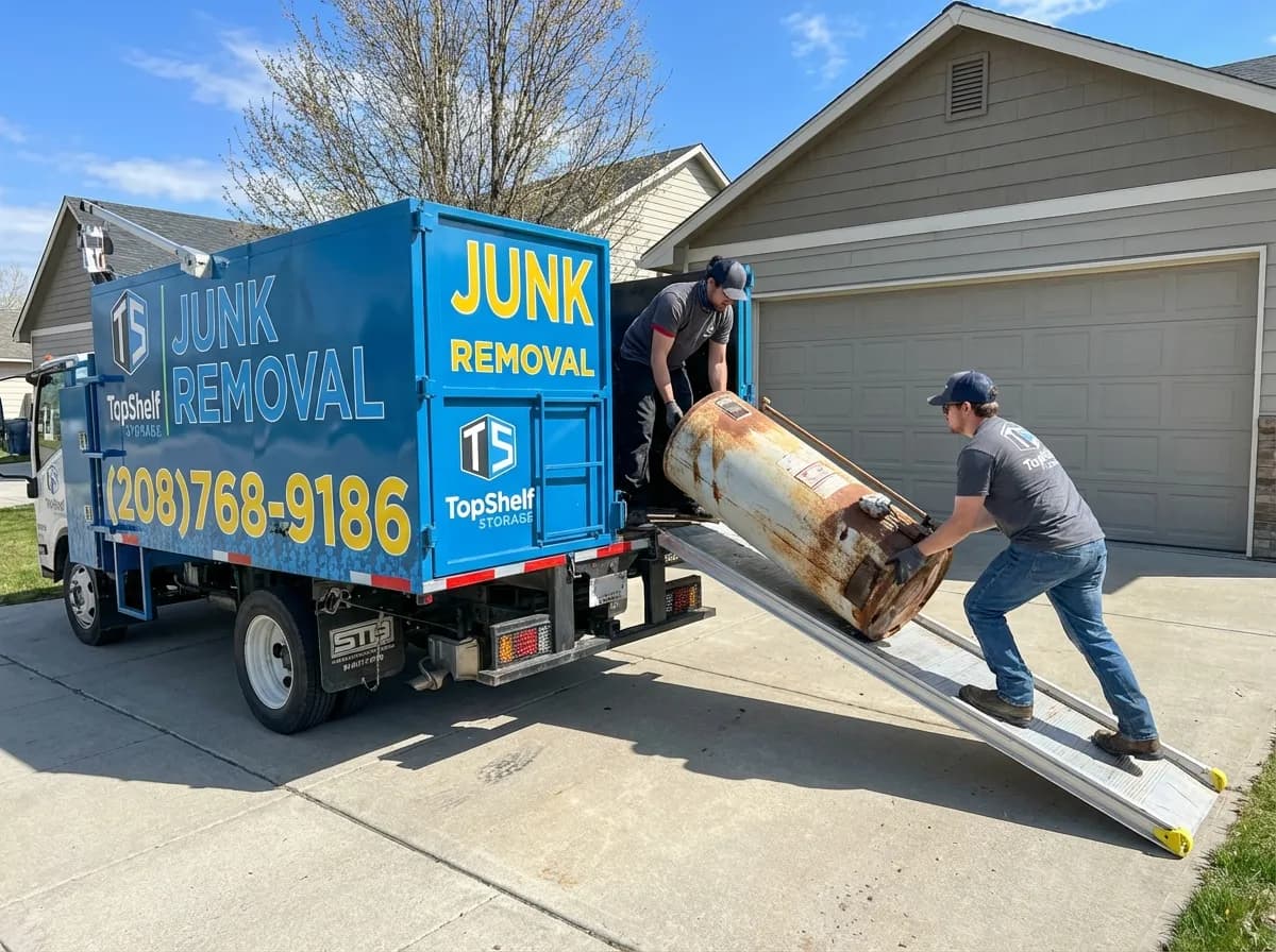 Top Shelf junk removal team hauling a water heater to the branded truck in Nampa Idaho