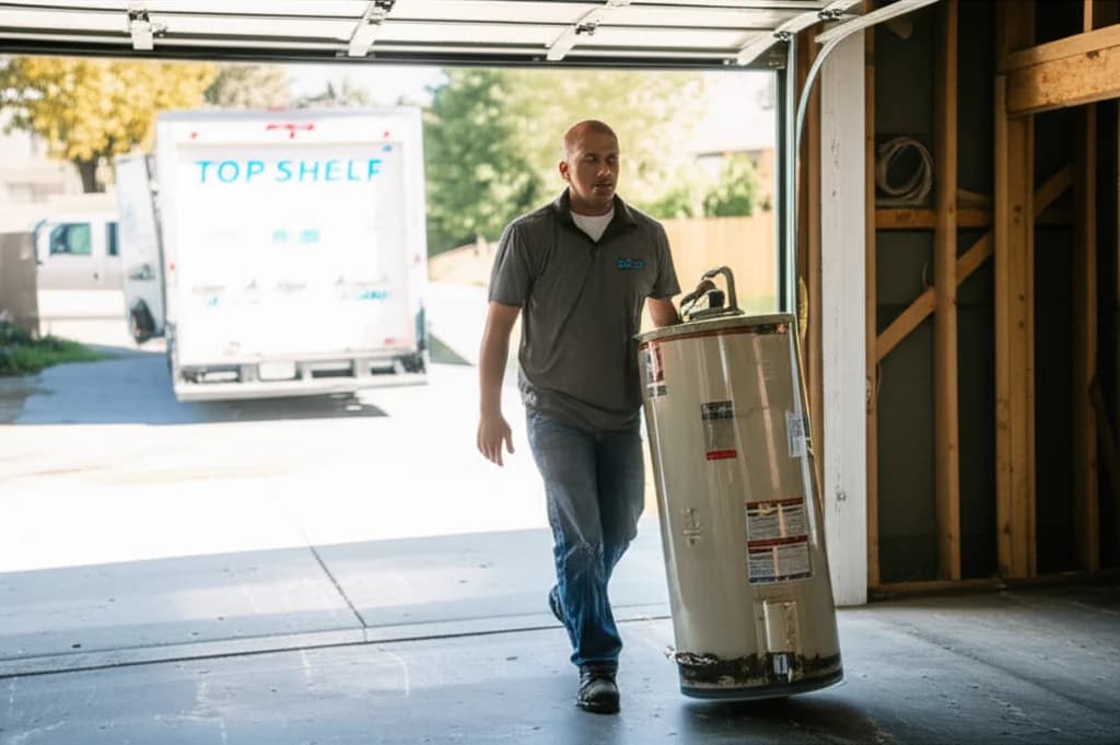 Professional worker removing an old water heater tank from a Boise Idaho home
