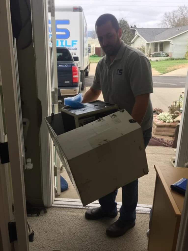 Professional electronics removal crew hauling old computers and monitors from a Boise Idaho office