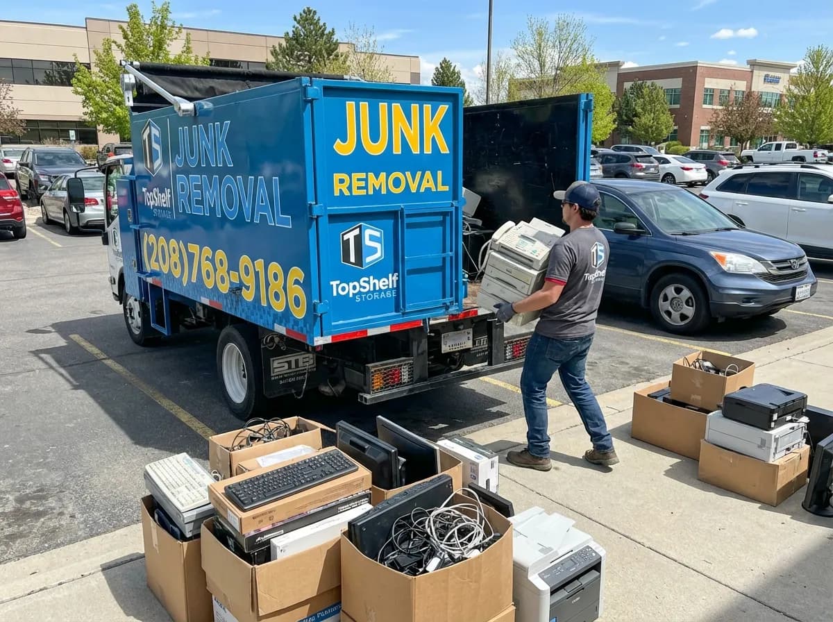 Top Shelf junk removal team hauling a fax machine to the branded truck in Nampa Idaho