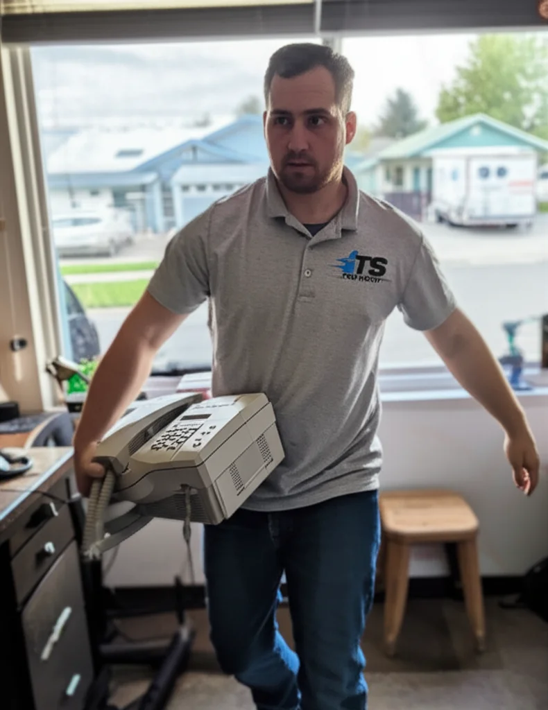 Professional worker removing old fax machine from Boise Idaho office desk