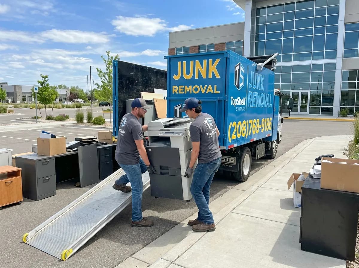 Top Shelf junk removal team hauling a paper shredder to the branded truck in Kuna Idaho
