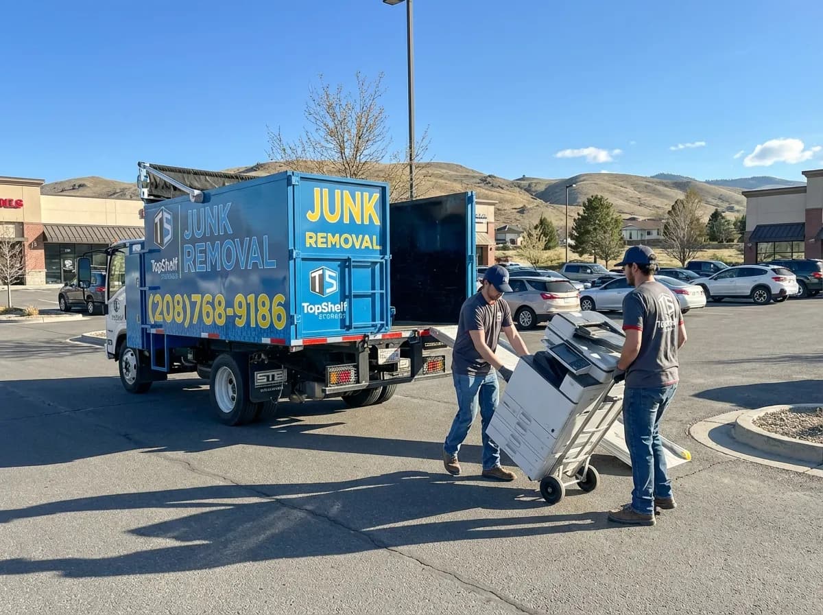 Top Shelf crew member loading a printer into the junk removal truck in Caldwell Idaho