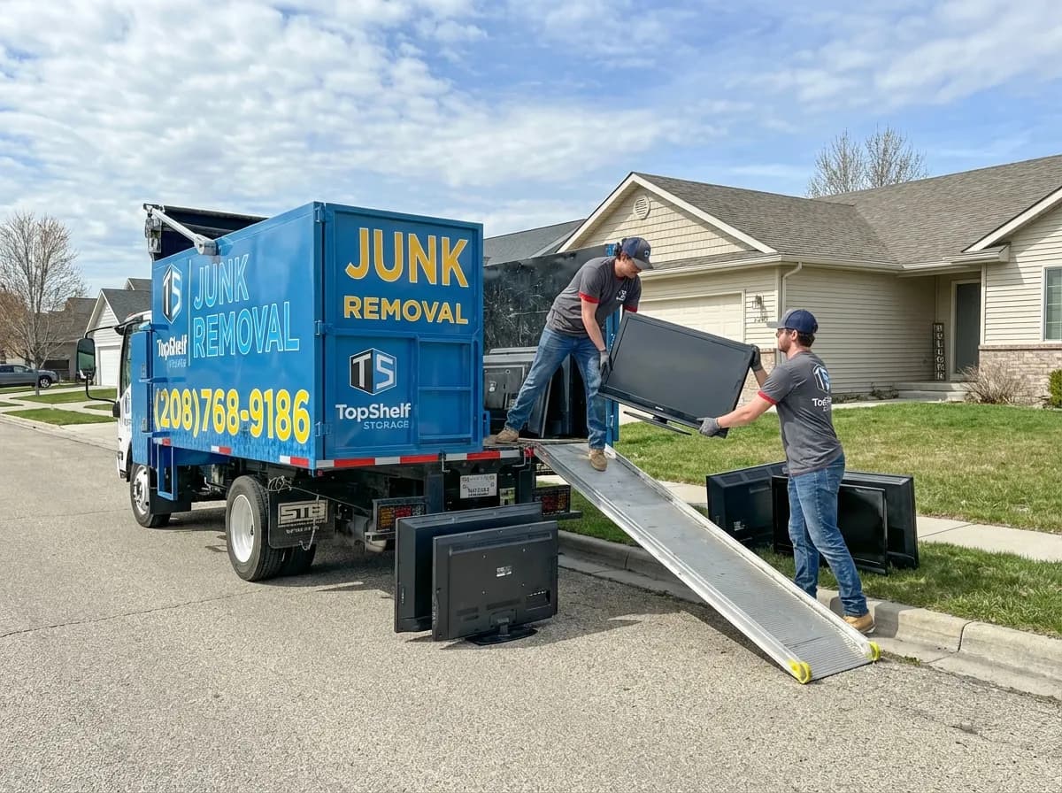 Top Shelf junk removal team hauling a television to the branded truck in Boise Idaho