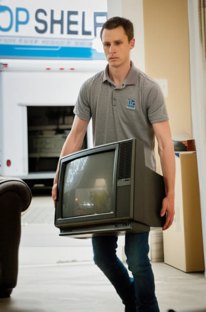Professional crew removing large old tube television from Boise Idaho home living room