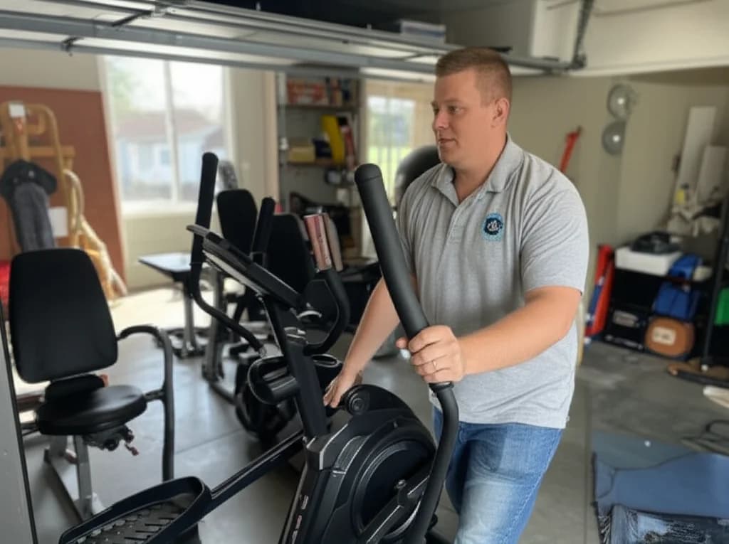 Professional workers removing large elliptical machine from a Boise Idaho home