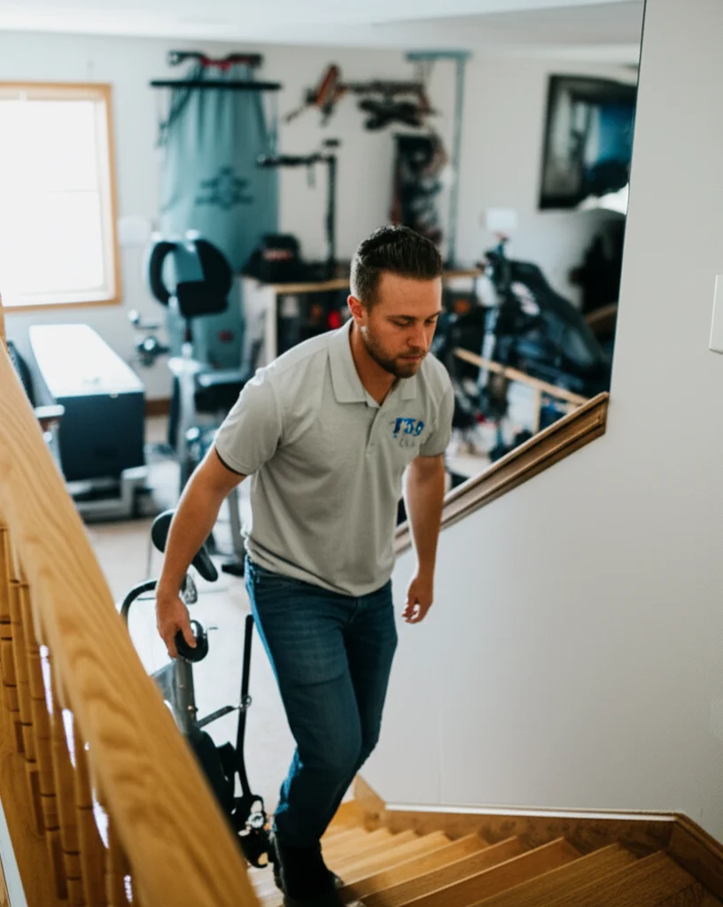 Professional workers removing stationary exercise bike from a Boise Idaho home