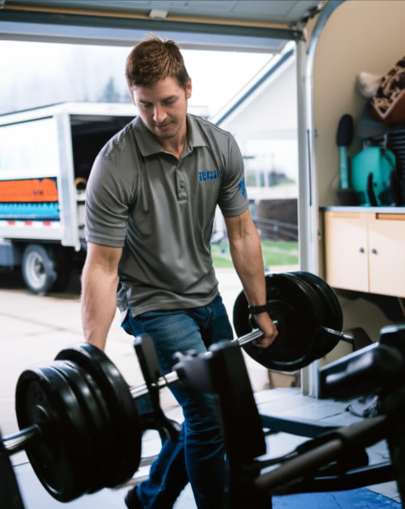 Professional workers removing free weights and gym equipment from a Boise Idaho home