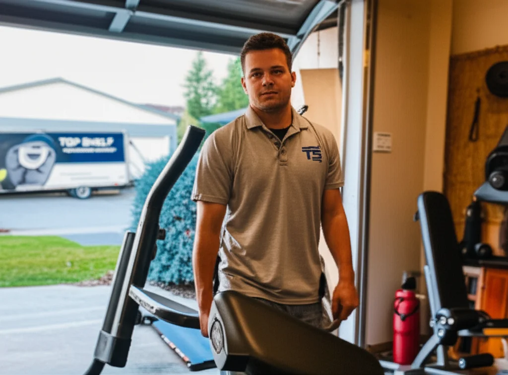 Professional workers removing complete home gym setup from a Boise Idaho home basement