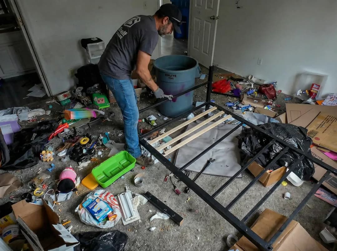 Top Shelf crew member disassembling a metal bed frame during an eviction cleanout in Caldwell Idaho