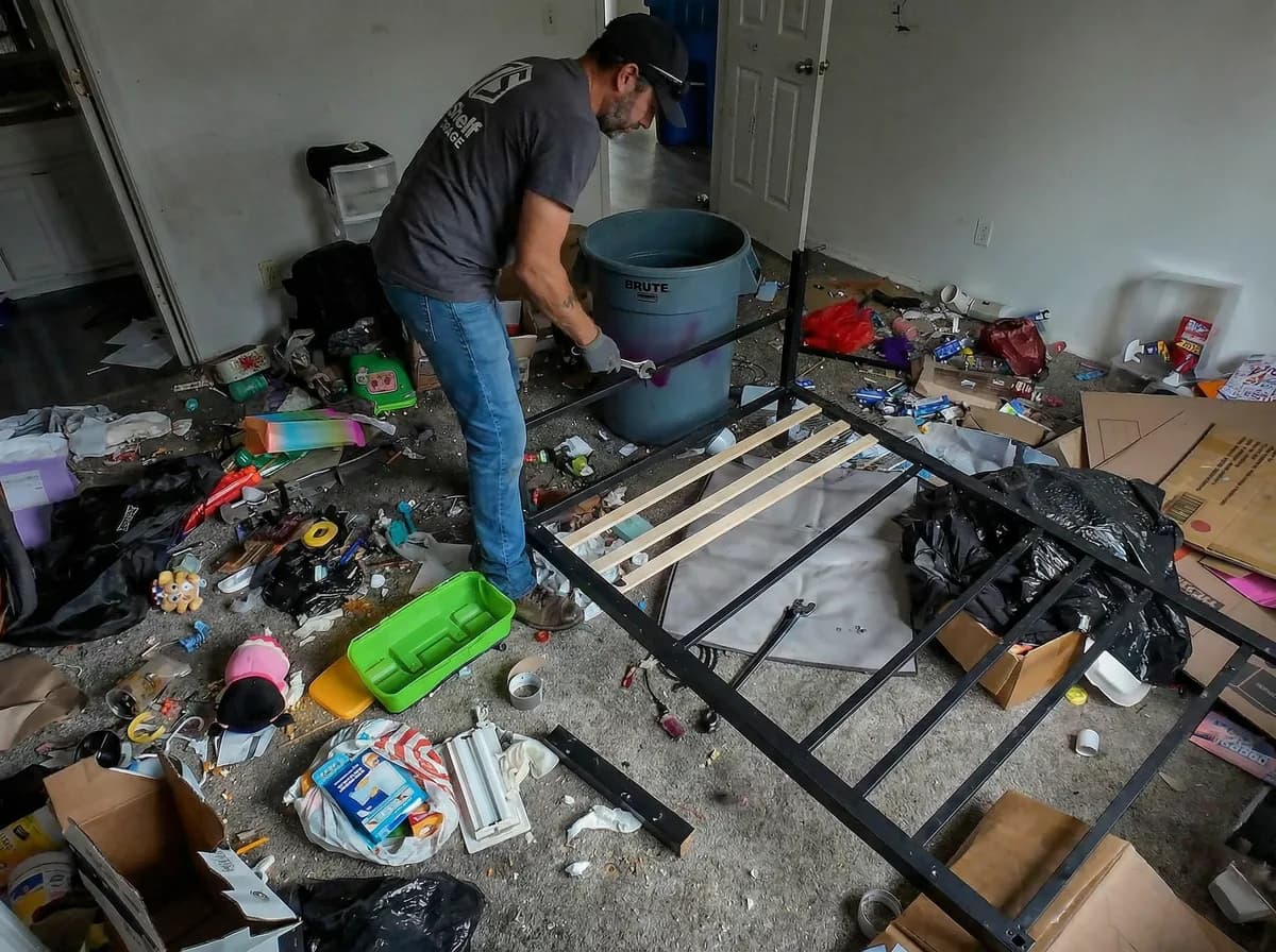 Top Shelf crew member disassembling a metal bed frame during an eviction cleanout in Caldwell Idaho