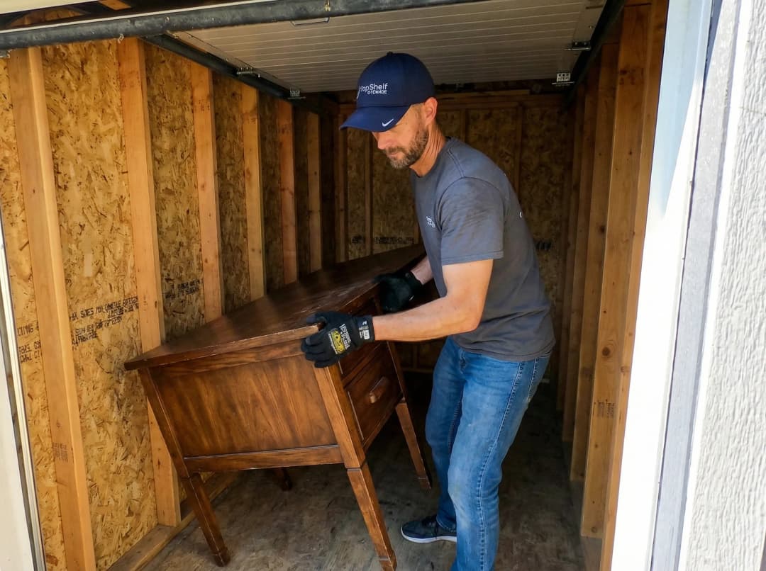 Top Shelf crew member loading a wooden desk into the truck bed during a furniture removal job in Eagle Idaho