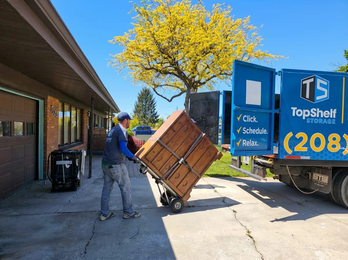 Top Shelf crew member loading a wooden dresser on a dolly toward the branded junk removal truck in a residential driveway in Boise Idaho