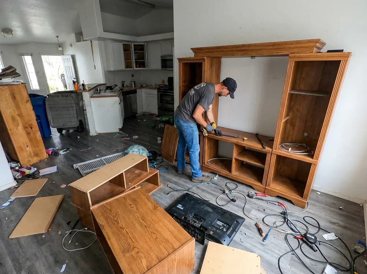 Top Shelf crew member disassembling a large wooden entertainment center with a drill during an interior house cleanout in Nampa Idaho