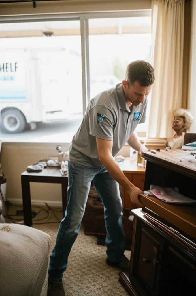 Professional worker removing a large entertainment center from a Boise Idaho home living room