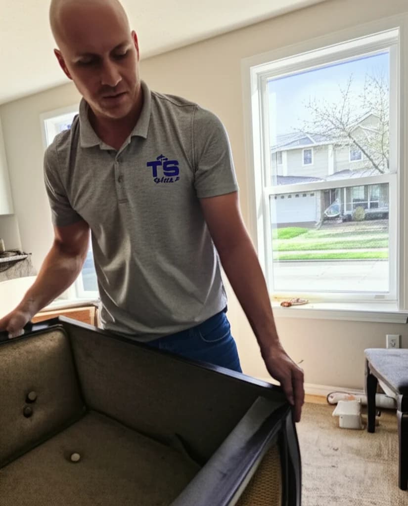 Professional furniture removal crew hauling old couch from a Boise Idaho home