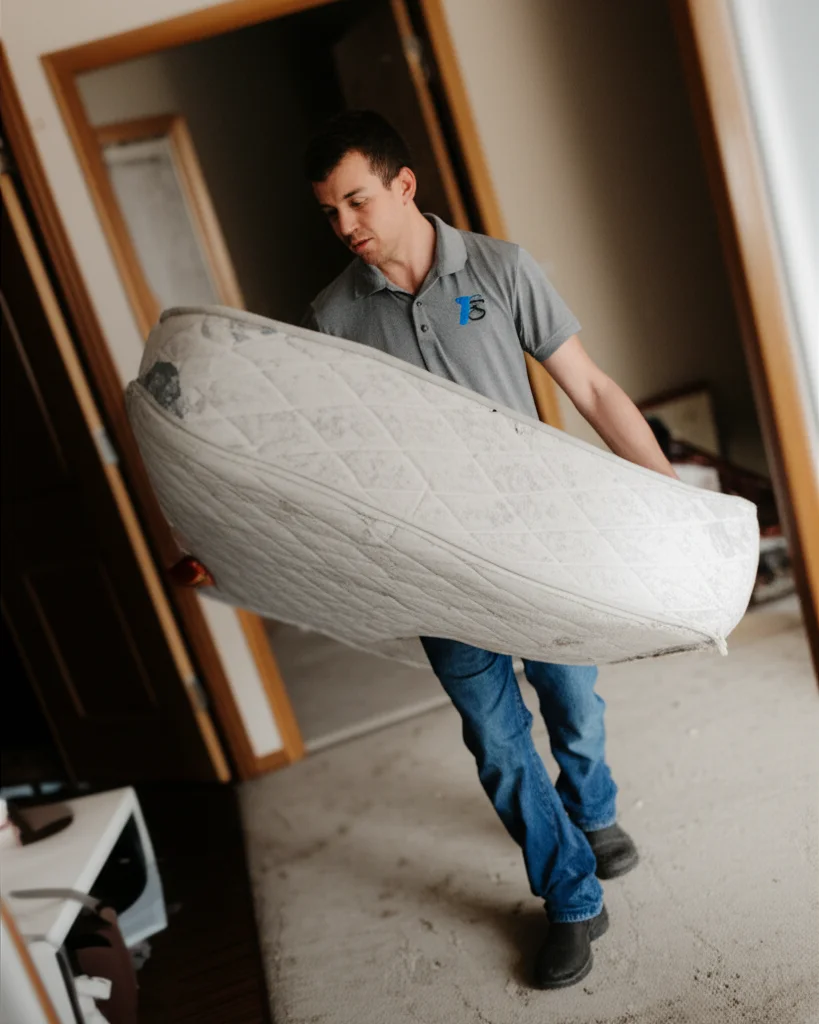 Professional worker removing an old mattress from a Boise Idaho home