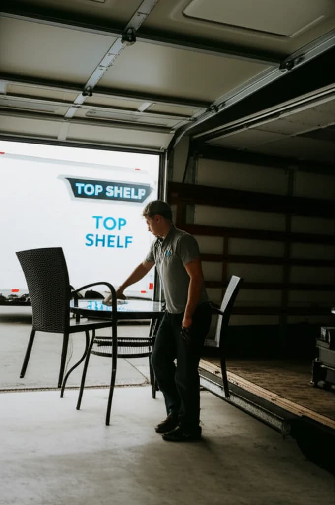 Professional worker removing old patio furniture from a Boise Idaho home backyard