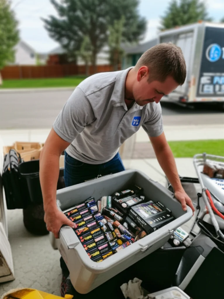 Professional worker safely removing old batteries from a Boise Idaho garage for proper disposal