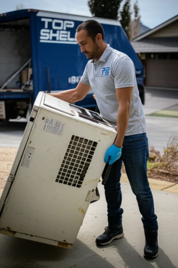 Professional technician safely removing an air conditioner containing freon from a Boise Idaho home