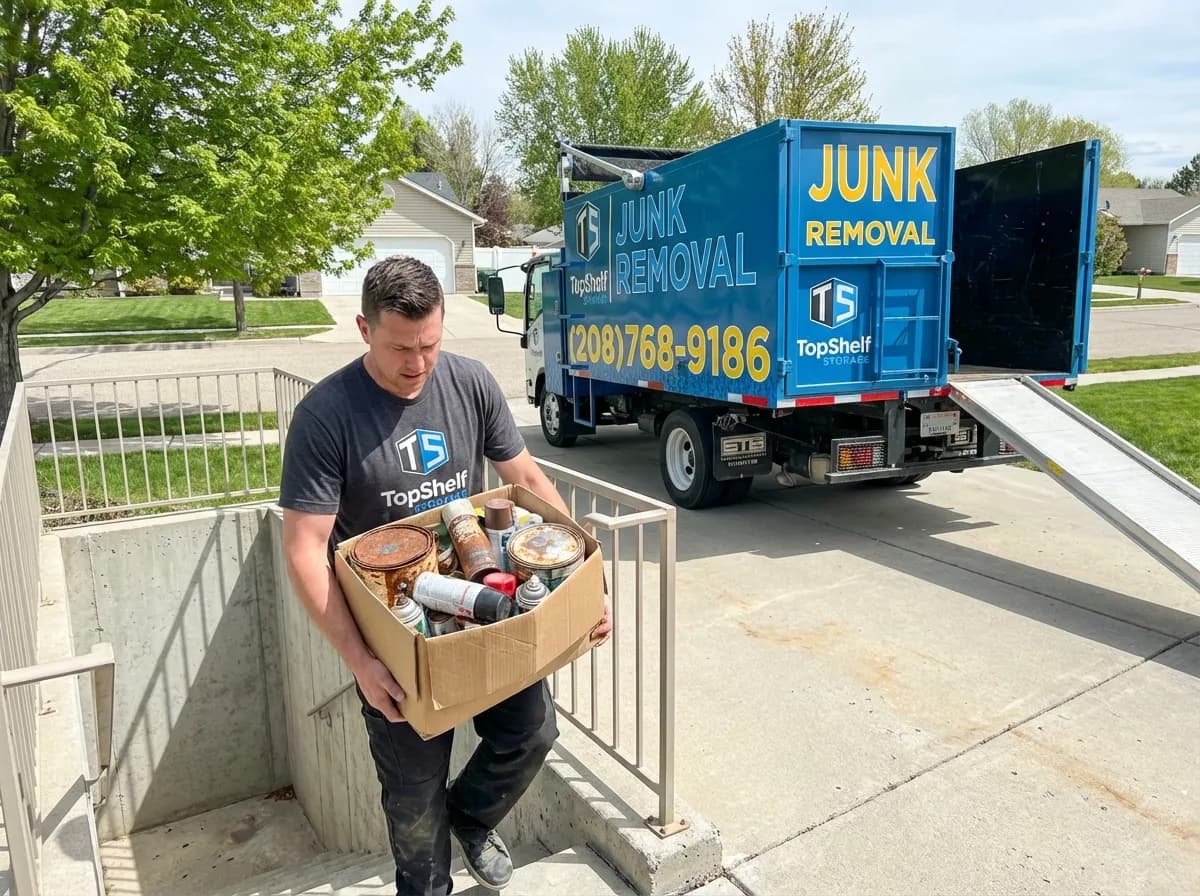 Top Shelf crew member carrying a box of old paint cans and spray paint up stairs with the branded junk removal truck in the driveway in Boise Idaho