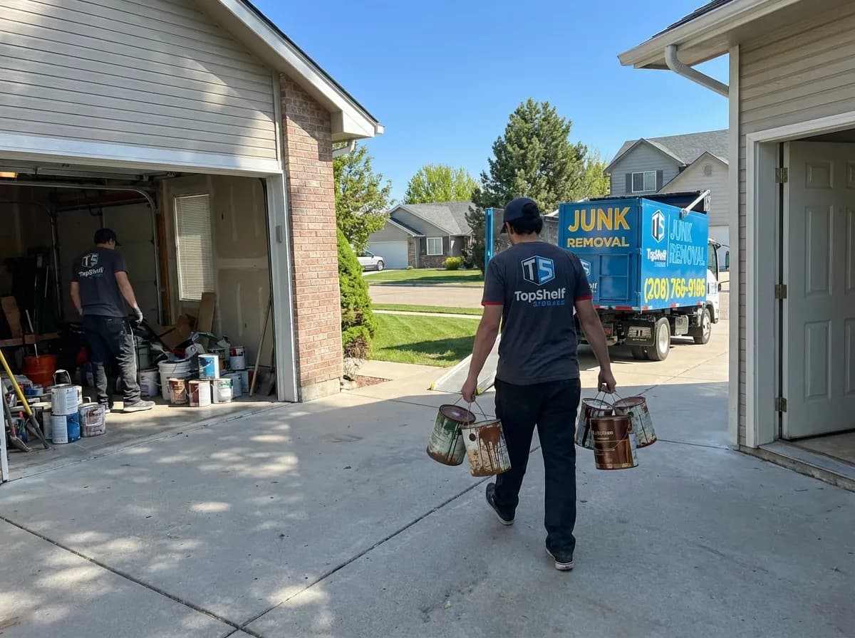 Top Shelf crew hauling rusty paint cans from a garage to the branded junk removal truck parked in a Nampa Idaho residential driveway