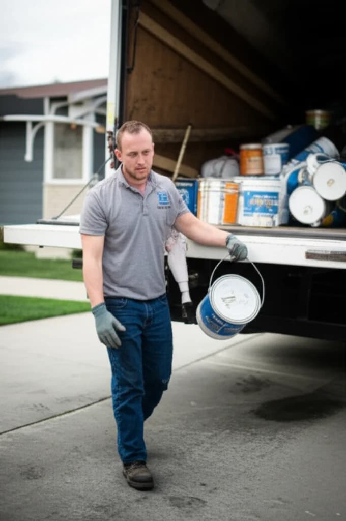 Professional worker safely removing old paint cans from a Boise Idaho garage for proper disposal