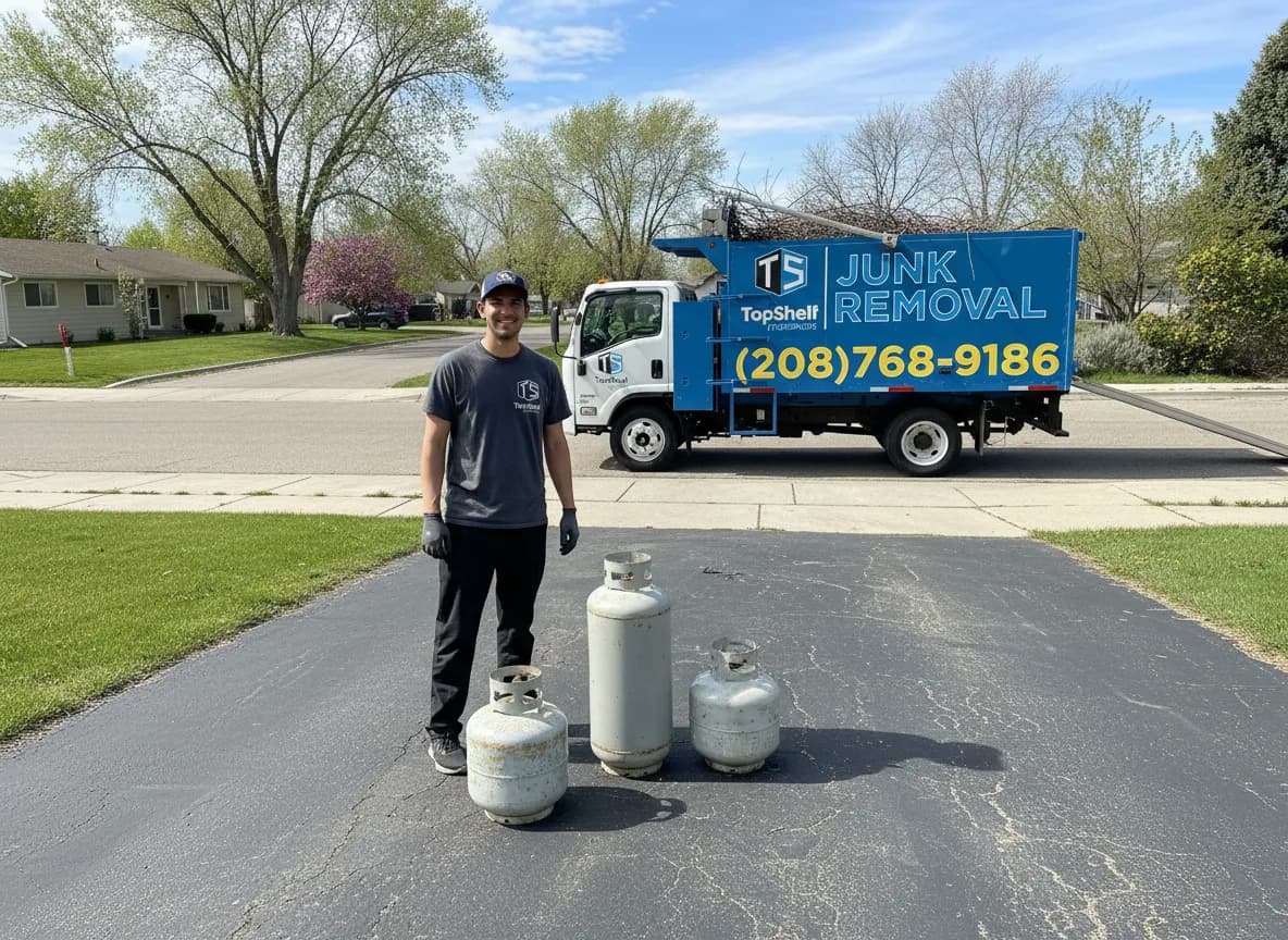 Top Shelf crew member using a hand dolly to move a large propane tank toward the junk removal truck at a home in Nampa Idaho