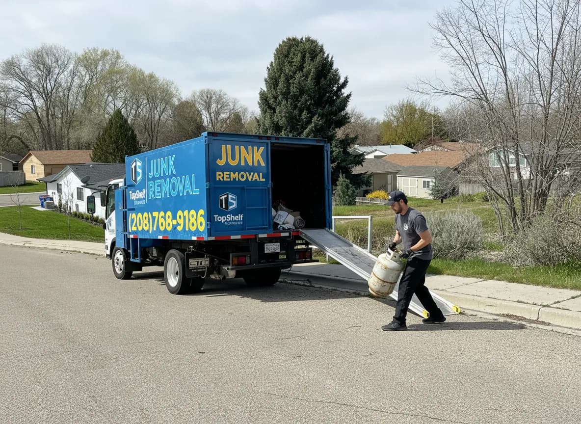 Top Shelf crew member carrying a propane tank toward the junk removal truck with ramp down in Eagle Idaho