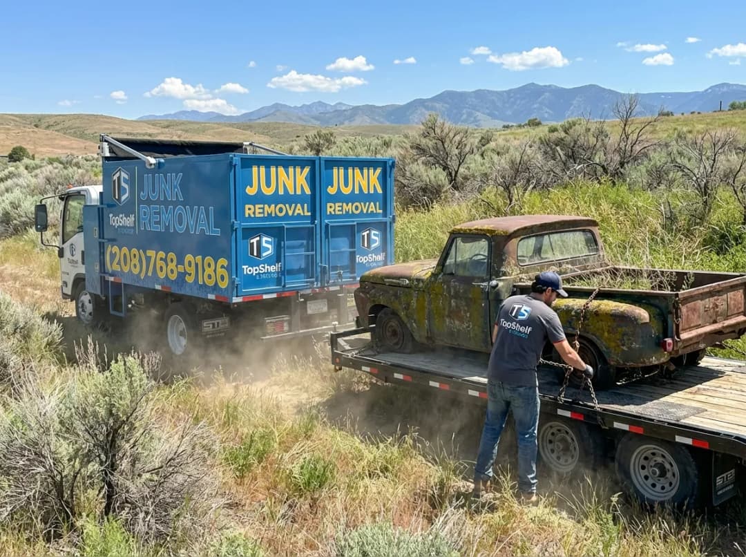 Abandoned vehicle removal by Top Shelf crew at a home in Nampa Idaho
