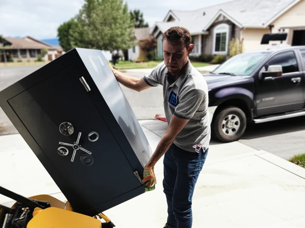 Professional crew safely removing heavy gun safe from a Boise Idaho home using hydraulic equipment