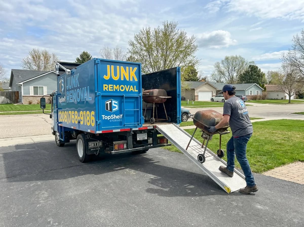 Top Shelf junk removal team hauling a BBQ grill to the branded truck in Meridian Idaho