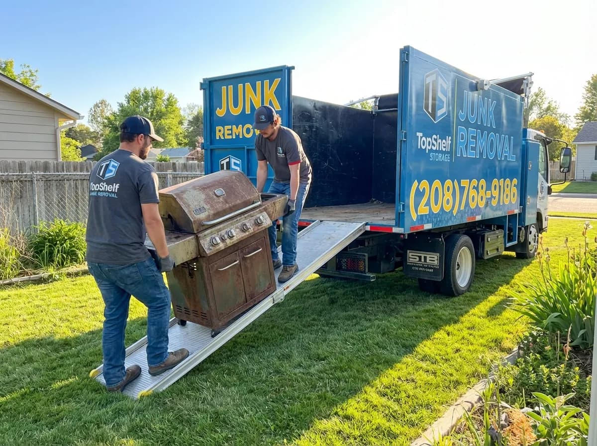 Top Shelf crew member loading a BBQ grill into the junk removal truck in Kuna Idaho