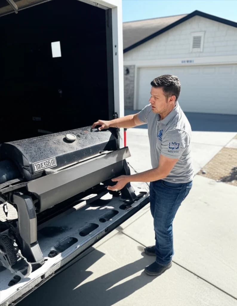 Professional junk removal workers hauling an old rusted BBQ grill from a Boise Idaho backyard patio