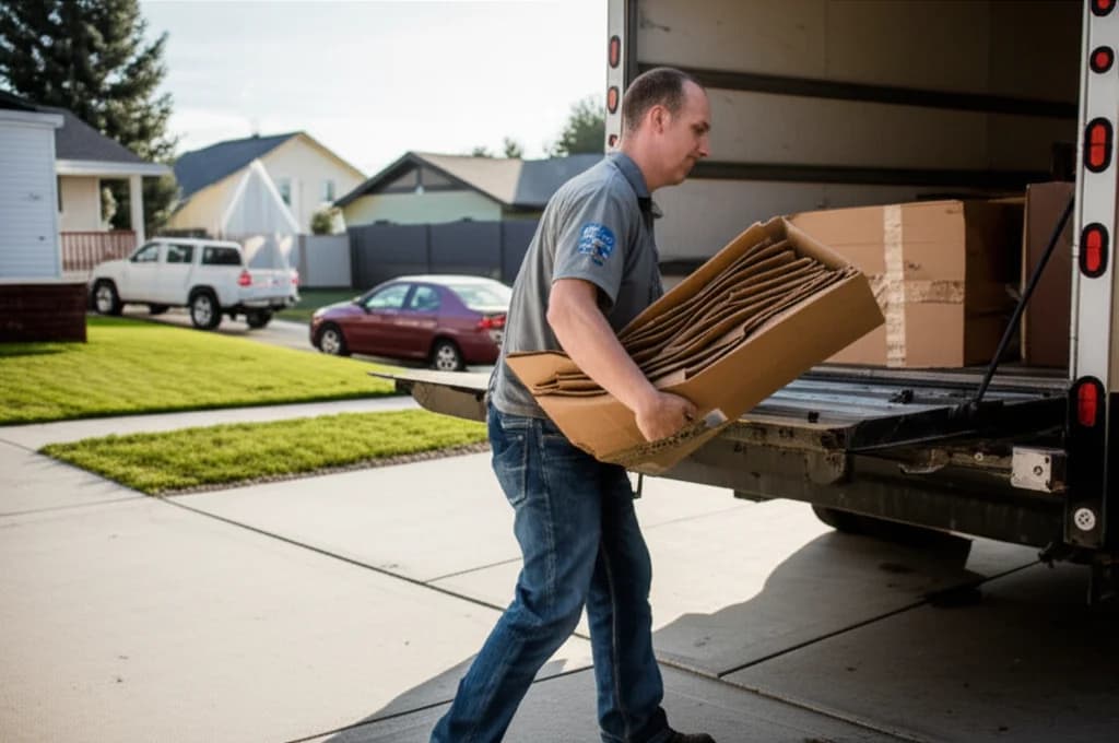 Professional junk removal workers hauling large pile of cardboard boxes and packing materials from a Boise Idaho home