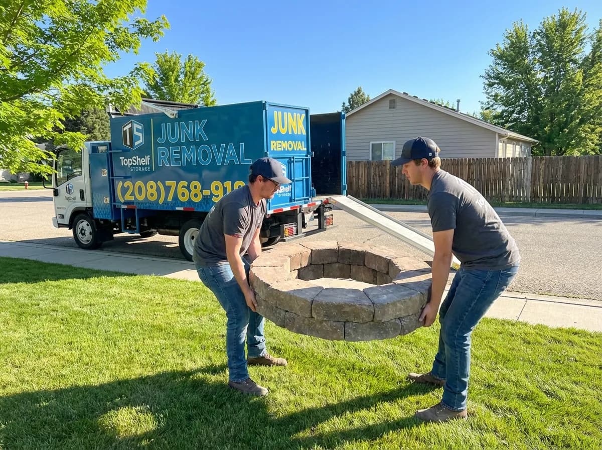 Top Shelf crew removing a fire pit from a backyard in Meridian Idaho