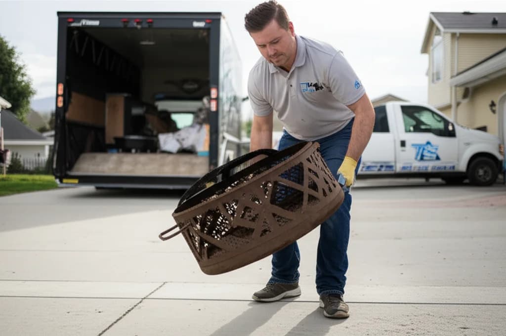 Professional junk removal team removing an old metal fire pit from a Boise Idaho backyard