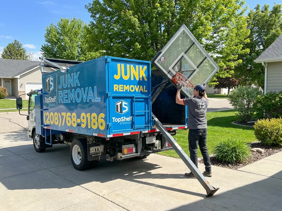 Professional basketball hoop removal and haul-away by Top Shelf crew in Star Idaho