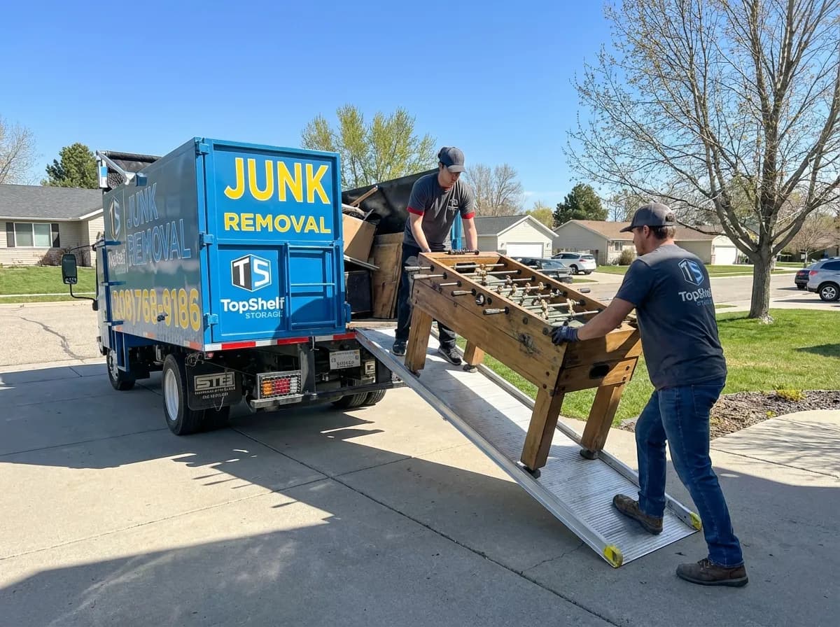Top Shelf junk removal team hauling a foosball table to the branded truck in Garden City Idaho