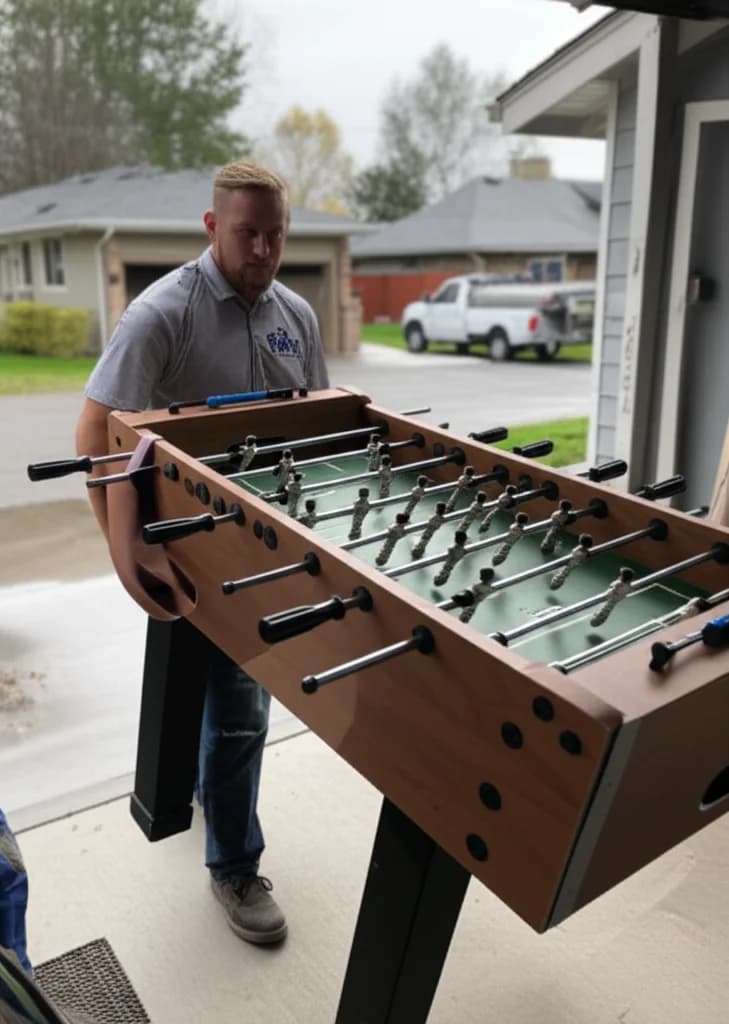 Professional workers removing foosball table from a game room in a Boise Idaho home