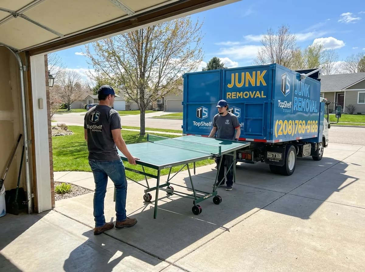 Top Shelf crew removing a ping pong table from a residential property in Caldwell Idaho