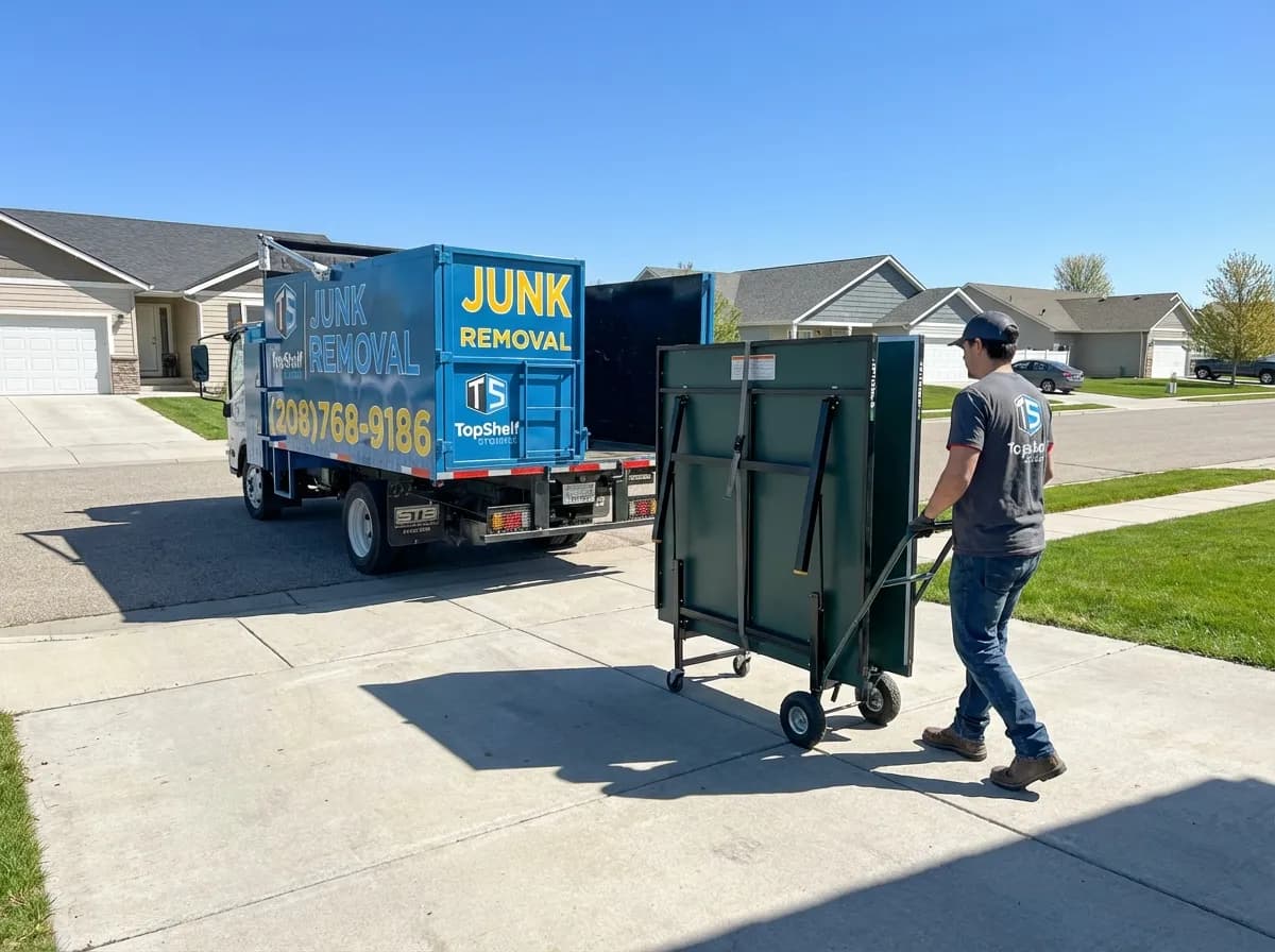 Top Shelf junk removal team hauling a ping pong table to the branded truck in Caldwell Idaho