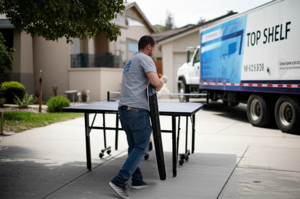 Professional workers removing ping pong table from garage in Boise Idaho home