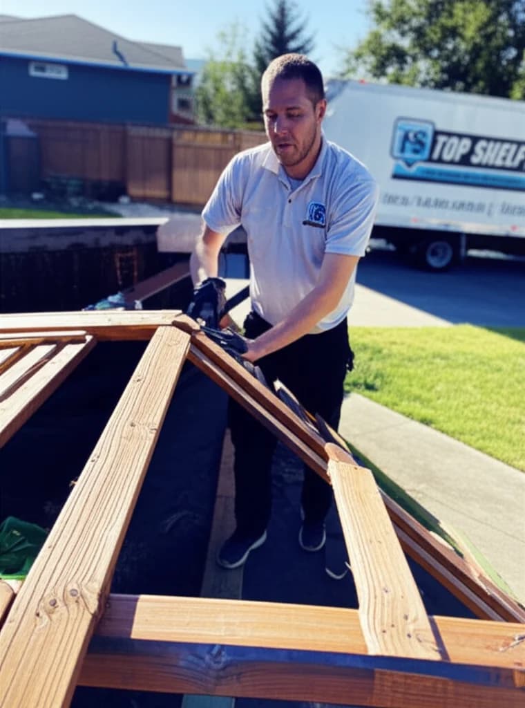 Professional crew dismantling and removing wooden playset from backyard in Boise Idaho