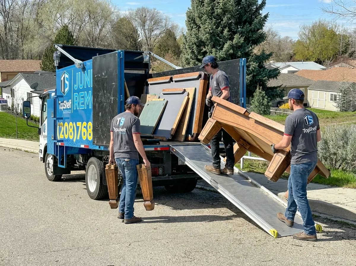 Top Shelf junk removal team hauling a pool table to the branded truck in Eagle Idaho