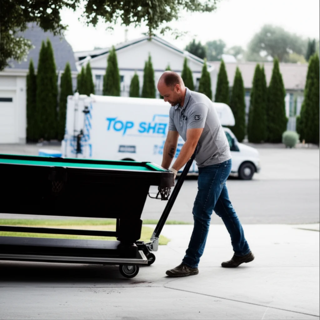 Professional crew disassembling and removing heavy slate pool table from basement in Boise Idaho home