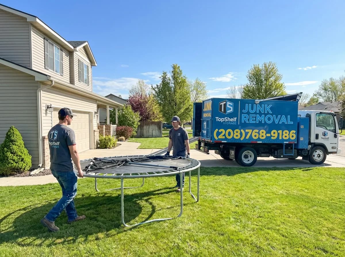 Top Shelf crew removing a trampoline from a backyard in Star Idaho