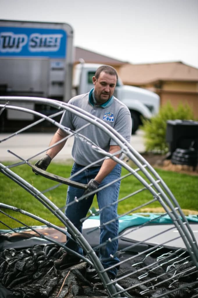 Professional crew disassembling and removing backyard trampoline in Boise Idaho