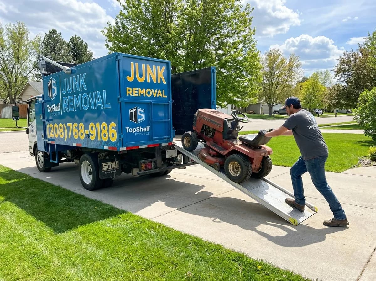 Top Shelf crew removing an old lawn mower from a residential property in Boise Idaho